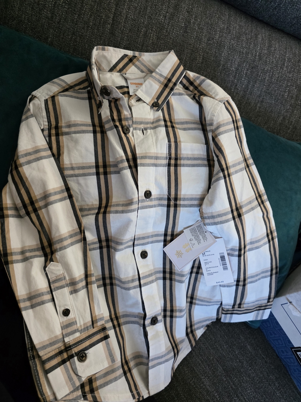 Old Navy White Plaid Button-Down Shirt with Tan and Black Stripes